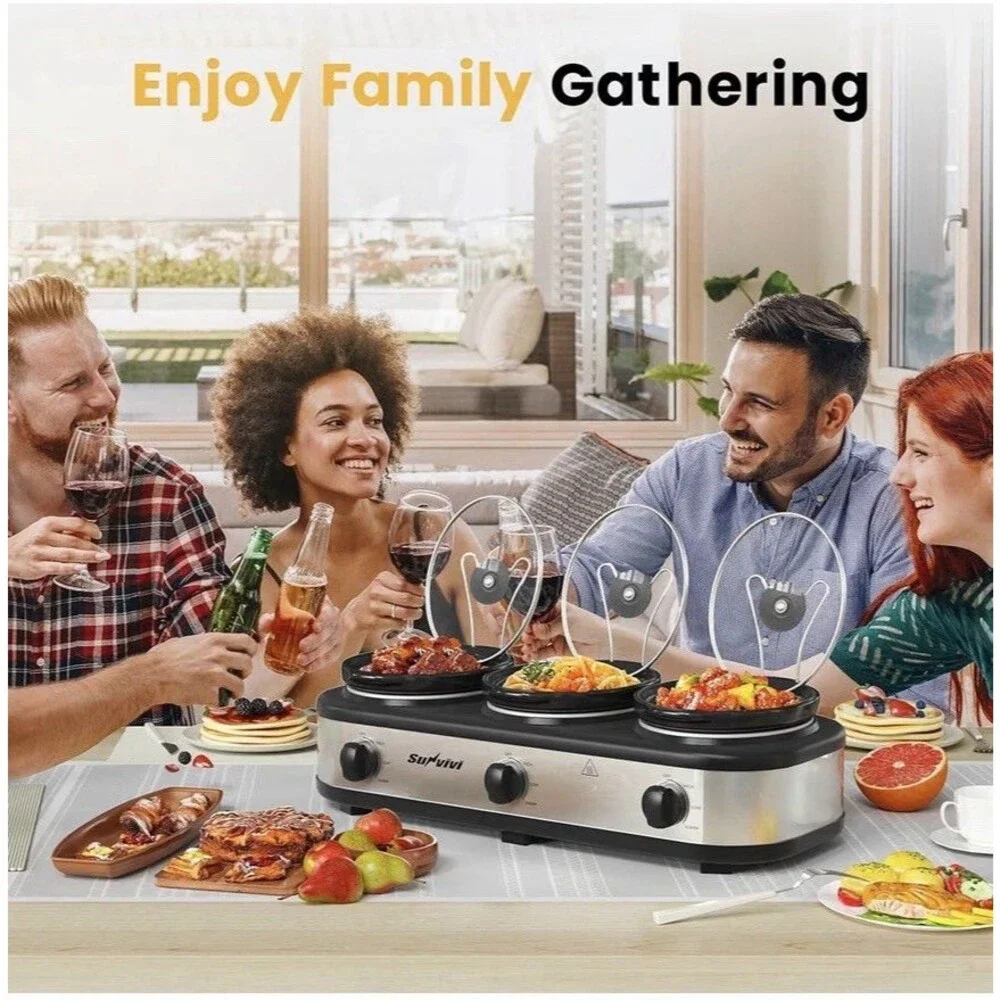 Triple Slow Cooker, Buffet Server and Food Warmer, Small Mini Pot with 3 Adjusta